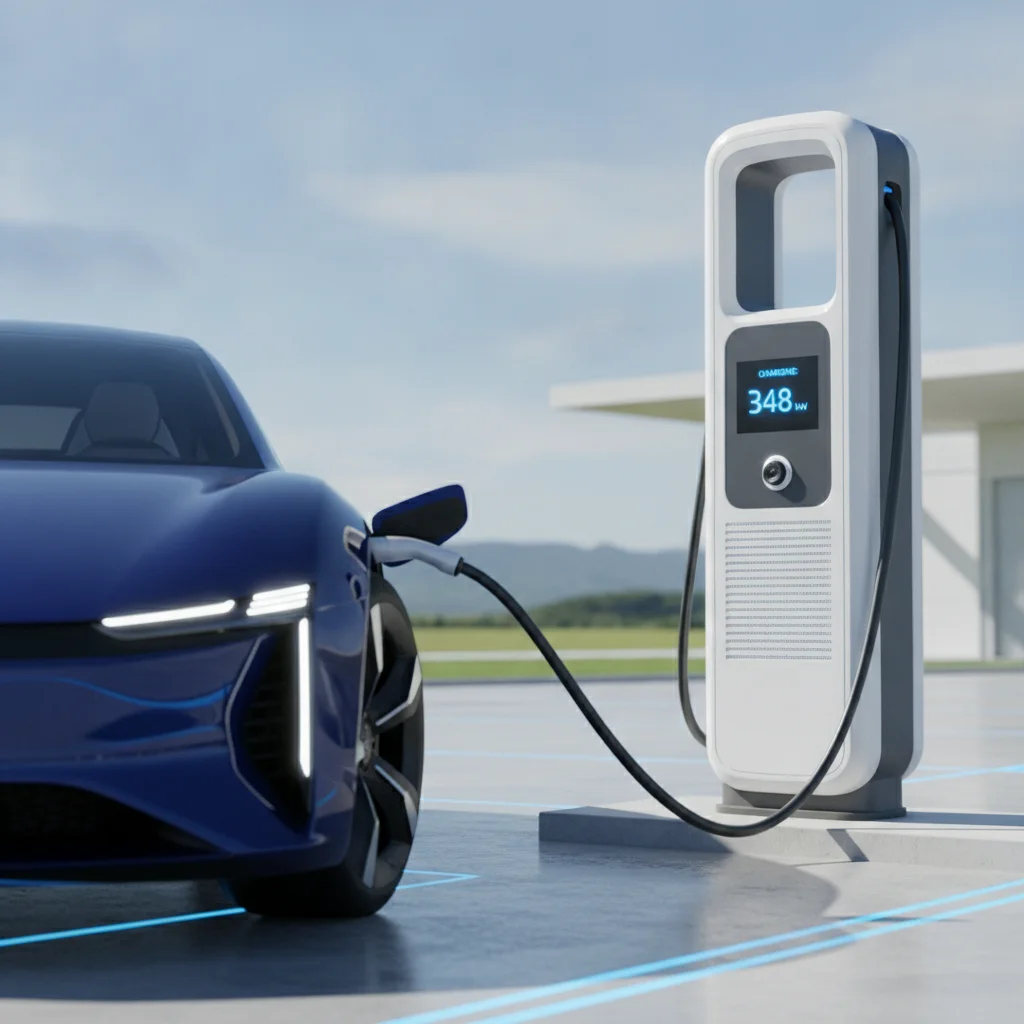 Electrify America 350 kW ultra-fast charging station with an electric vehicle connected in daylight