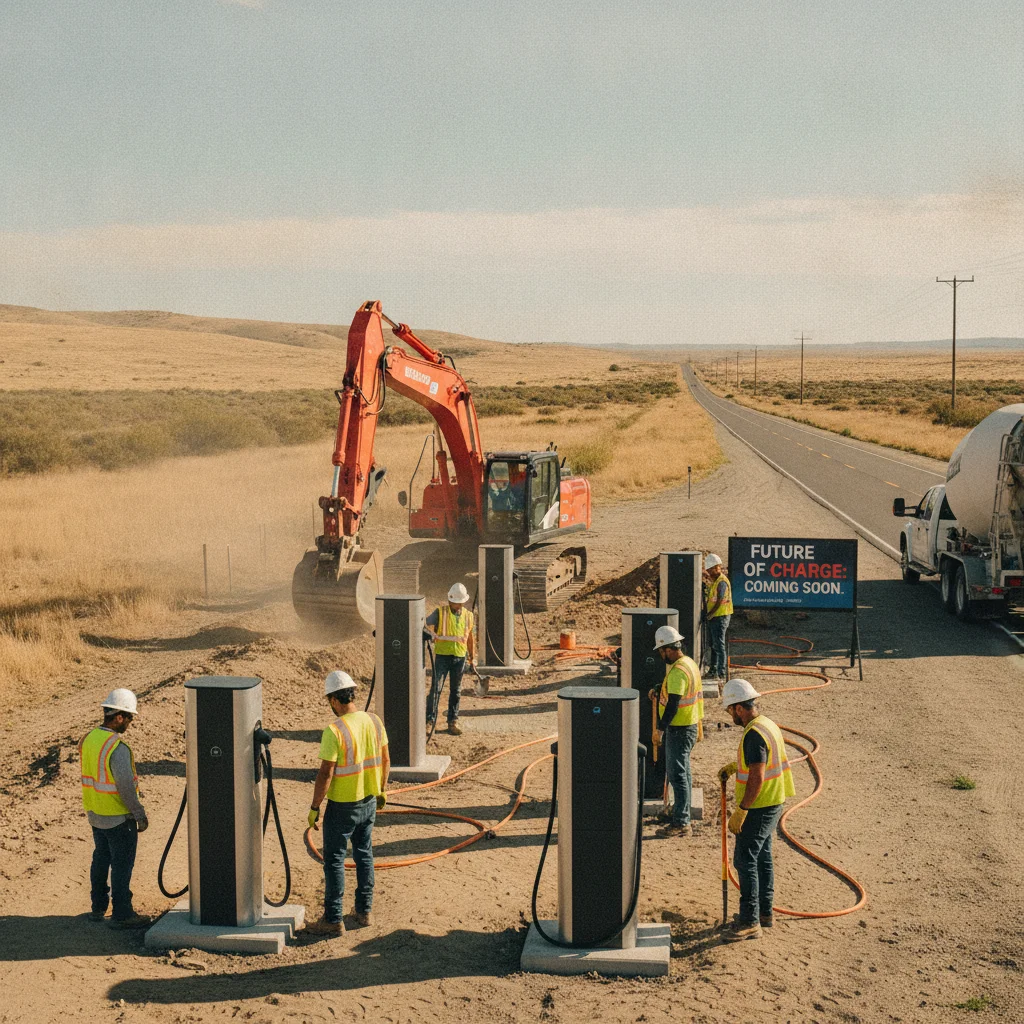 Construction crew installing new electric vehicle charging stations at a rural highway location