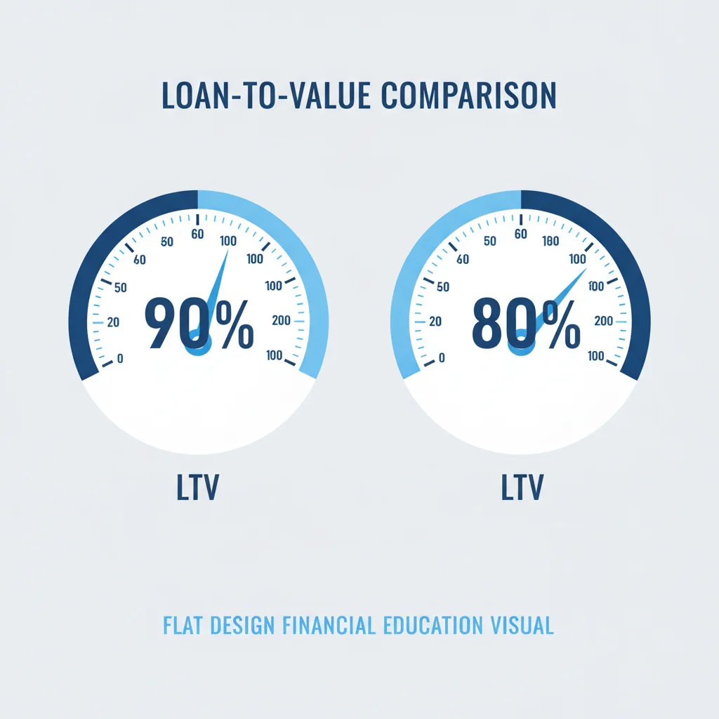 Two loan-to-value ratio gauges showing 90% for 10% down and 80% for 20% down payment scenarios