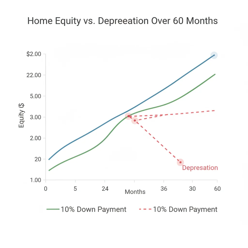 Line graph comparing equity timelines for 10% and 20% down payments over a 60-month loan period