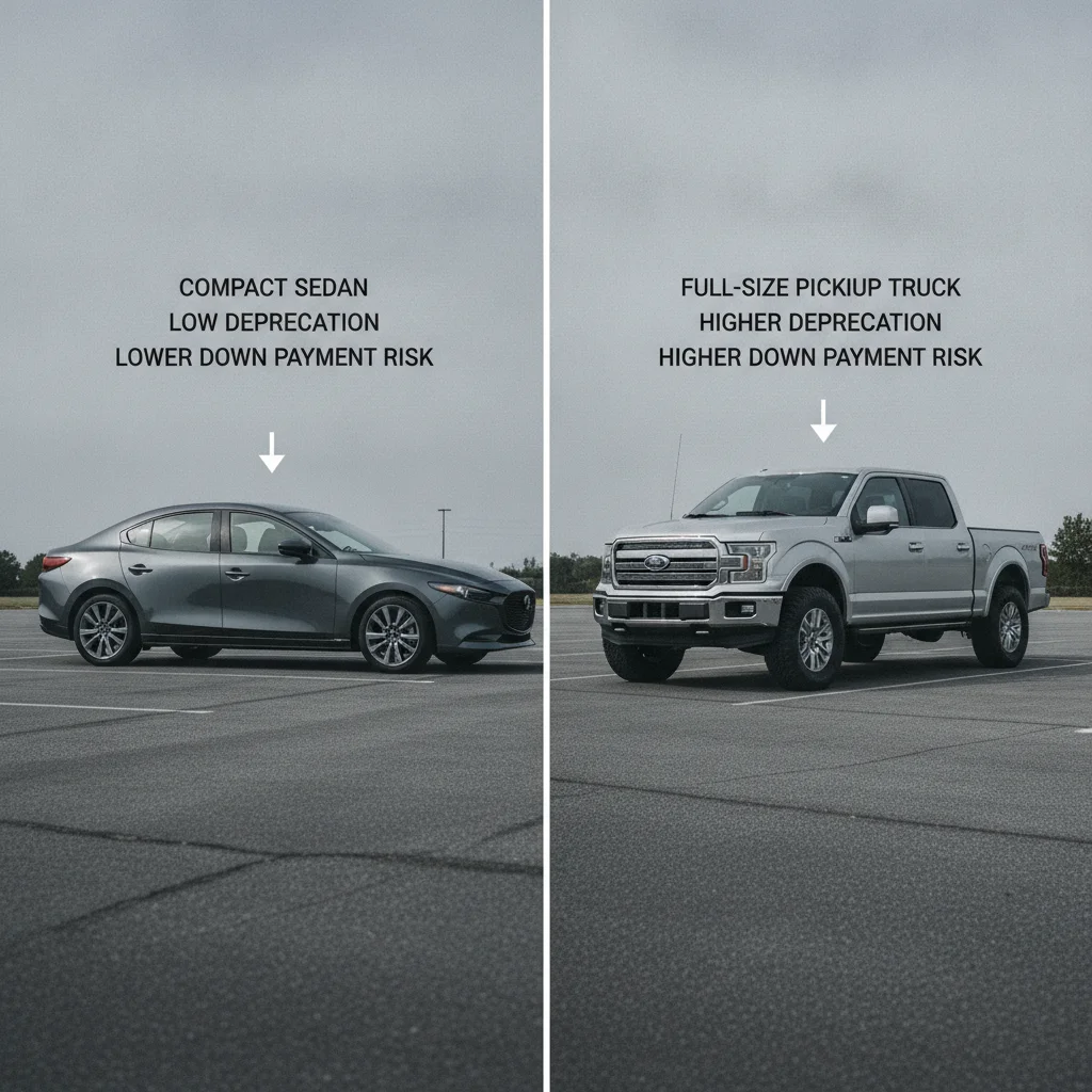 A compact sedan and a full-size pickup truck side by side illustrating different depreciation rates for down payment planning