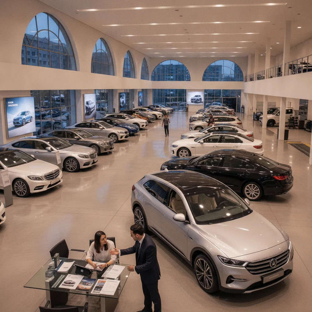 Couple reviewing auto loan paperwork with a salesperson in a bright car dealership showroom