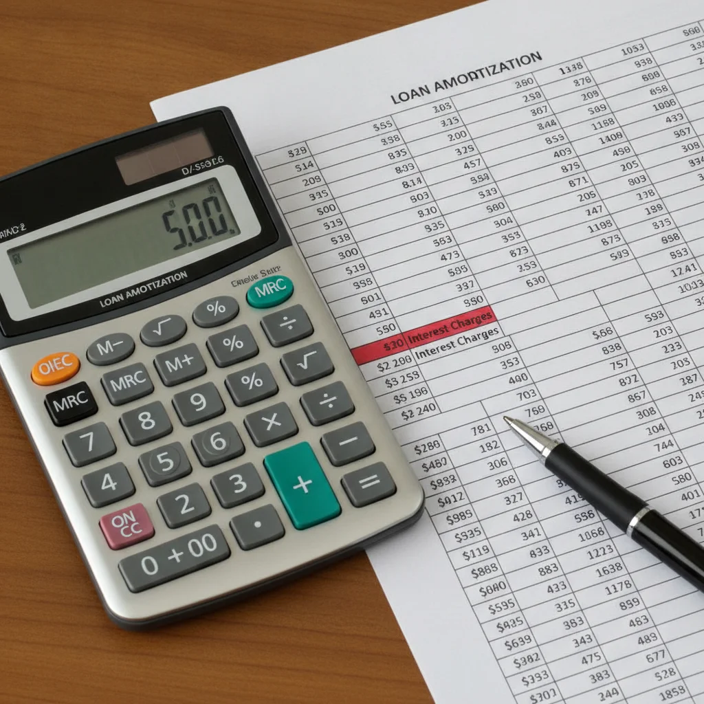 Loan amortization spreadsheet with interest charges highlighted in red next to a calculator