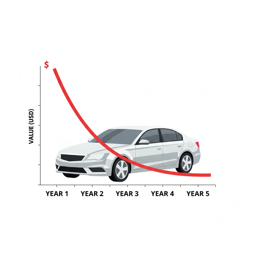 Depreciation curve graph showing a new car losing value rapidly in the first year then gradually afterward