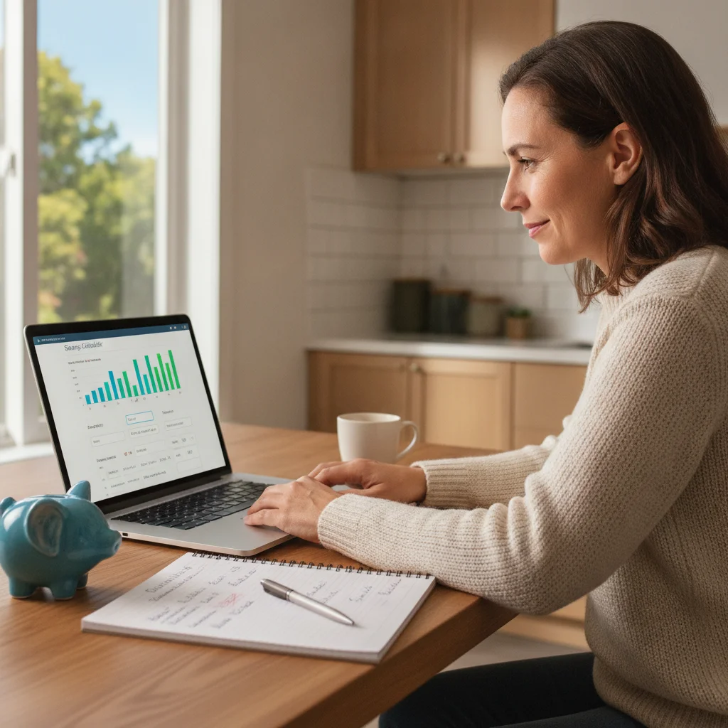Person at kitchen table using a laptop savings calculator and notepad to plan a car down payment