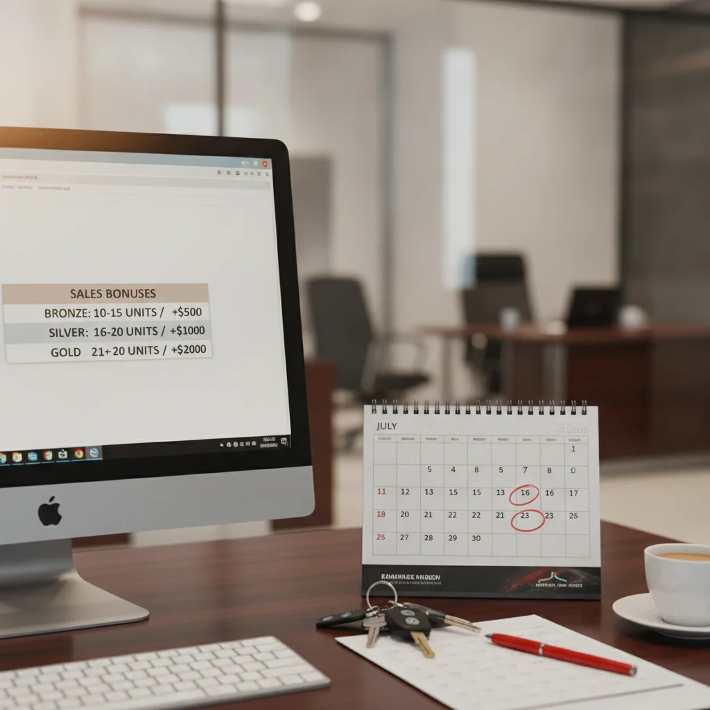 Dealer desk with a financial spreadsheet showing tiered bonus thresholds and a calendar with month-end dates circled