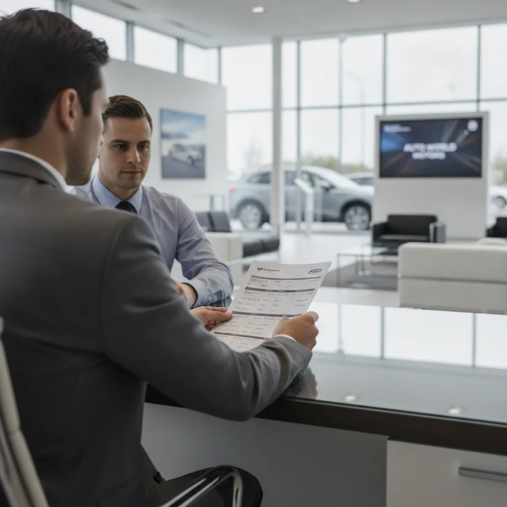 Car buyer presenting printed competing dealer quotes during a negotiation at a car dealership