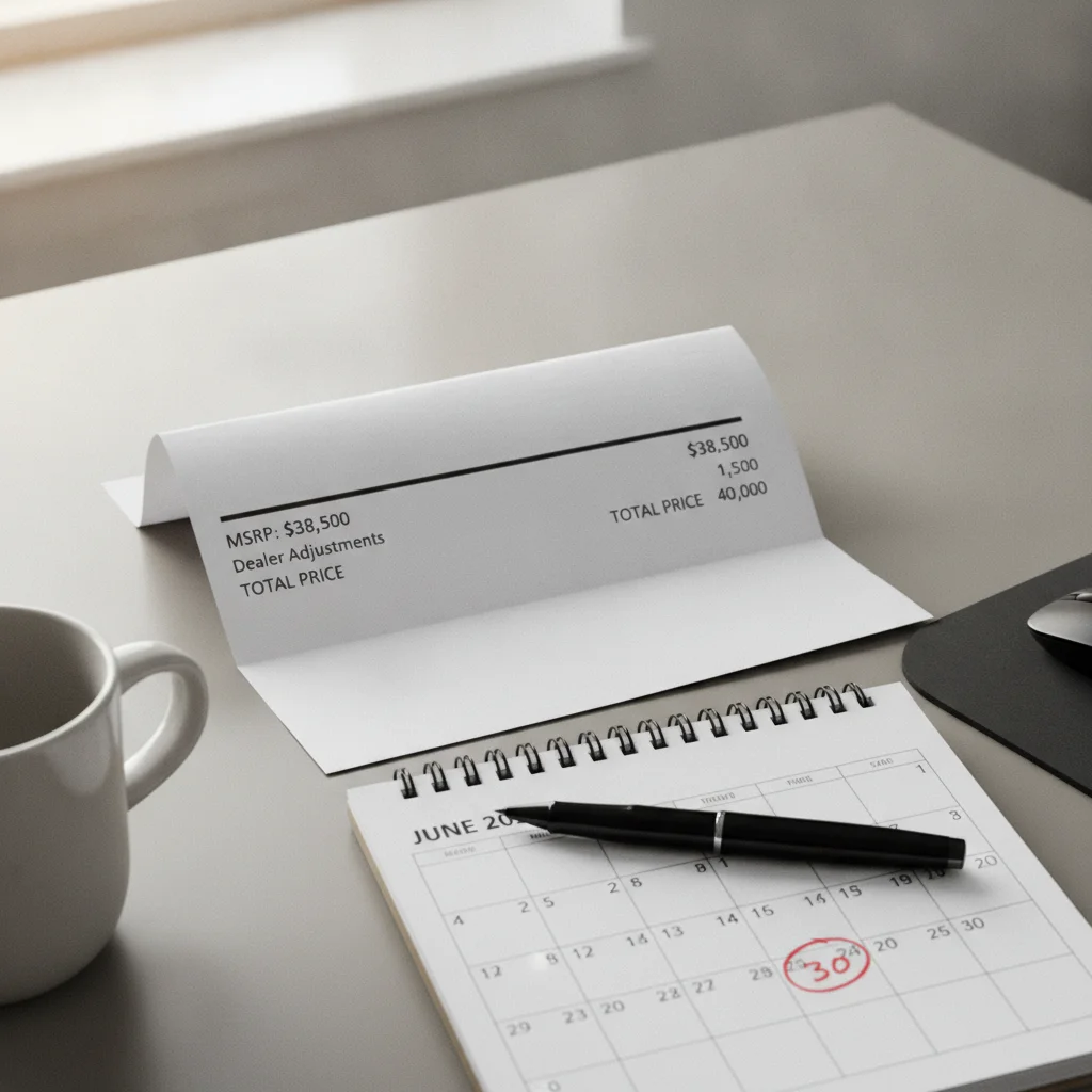 Vehicle price sheet on a dealer's desk with end-of-month calendar dates circled