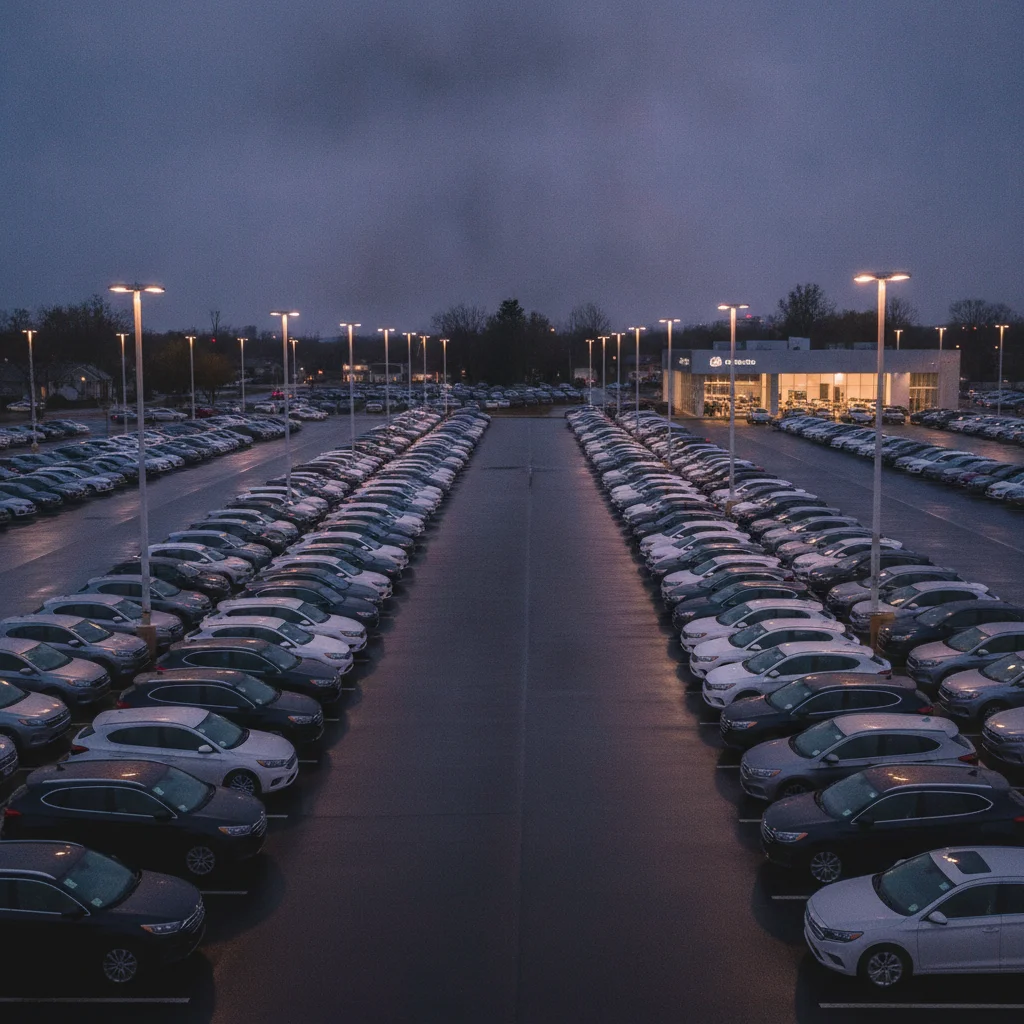 Rows of unsold vehicles on a dealership lot at dusk showing high inventory levels