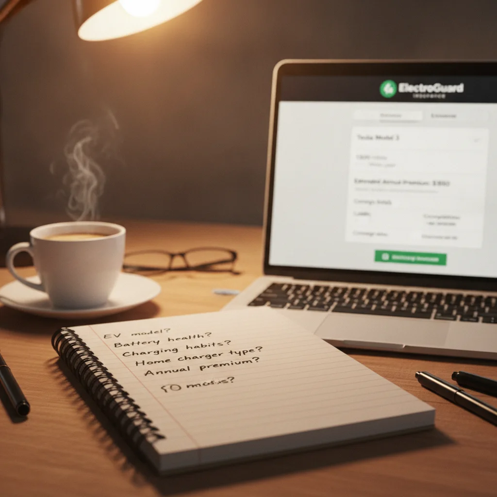 Handwritten insurance questions on a notepad next to a laptop displaying an EV insurance quote