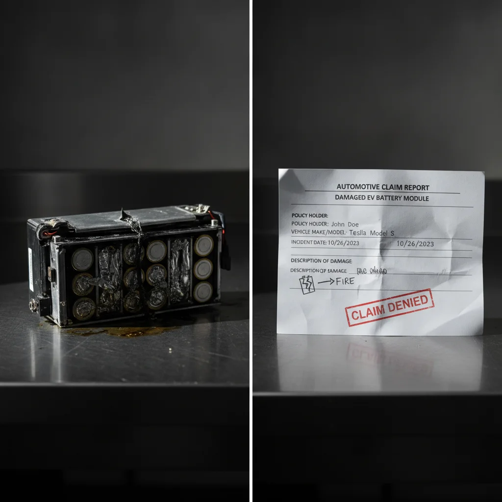 A damaged EV battery module alongside an insurance claim form illustrating battery coverage stakes