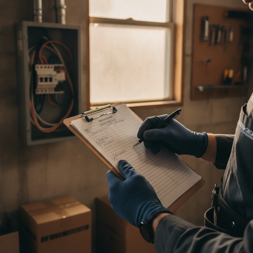 Electrician reviewing a home electrical panel checklist on a clipboard before EV charger installation
