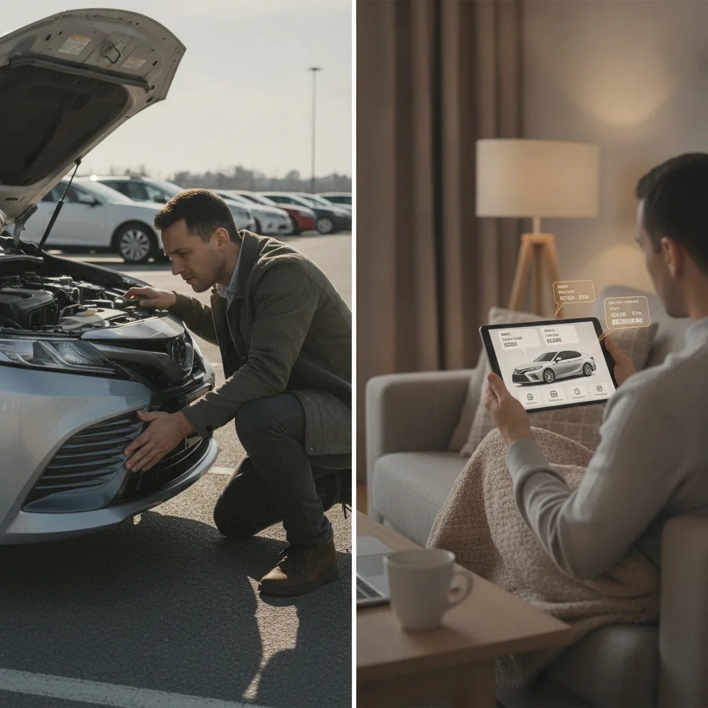 Split image showing in-person car inspection versus remote online car buying on a tablet