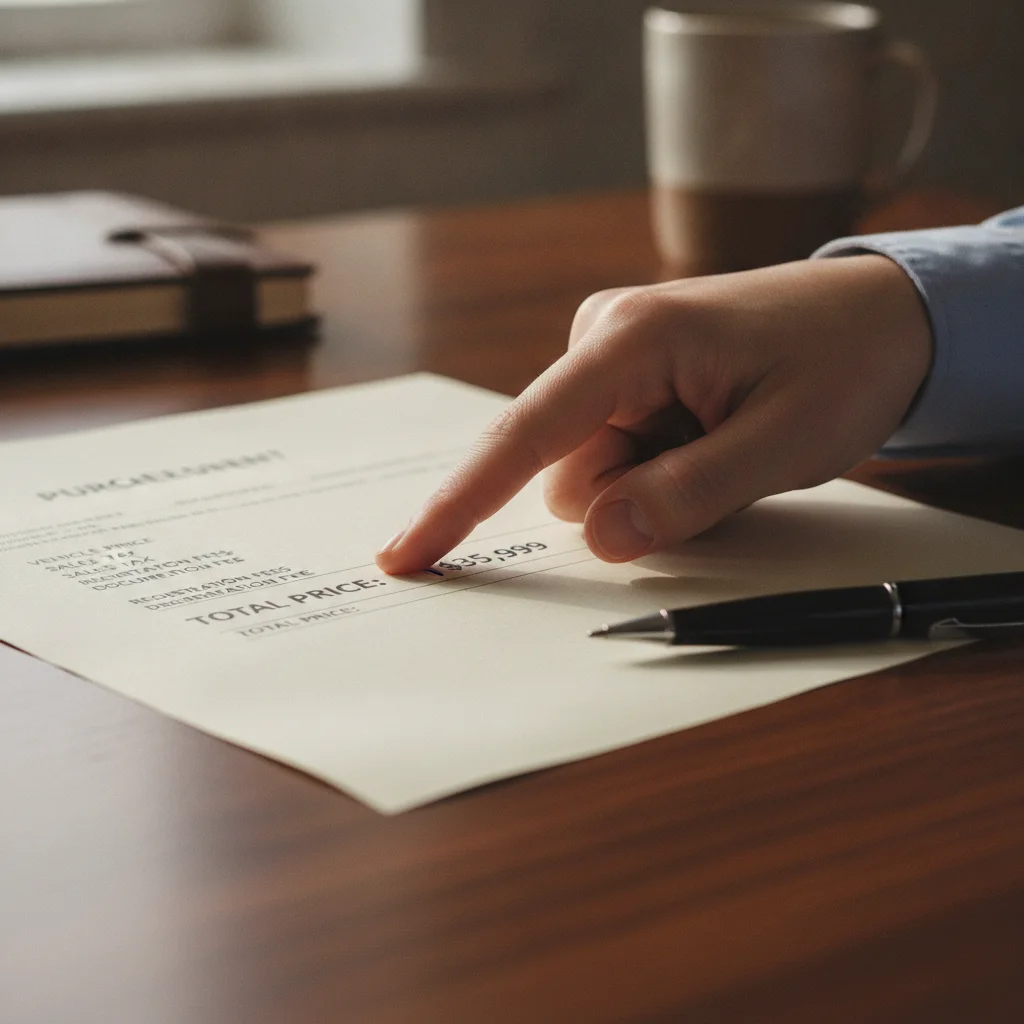 Person reviewing and pointing at line items in a printed car purchase agreement