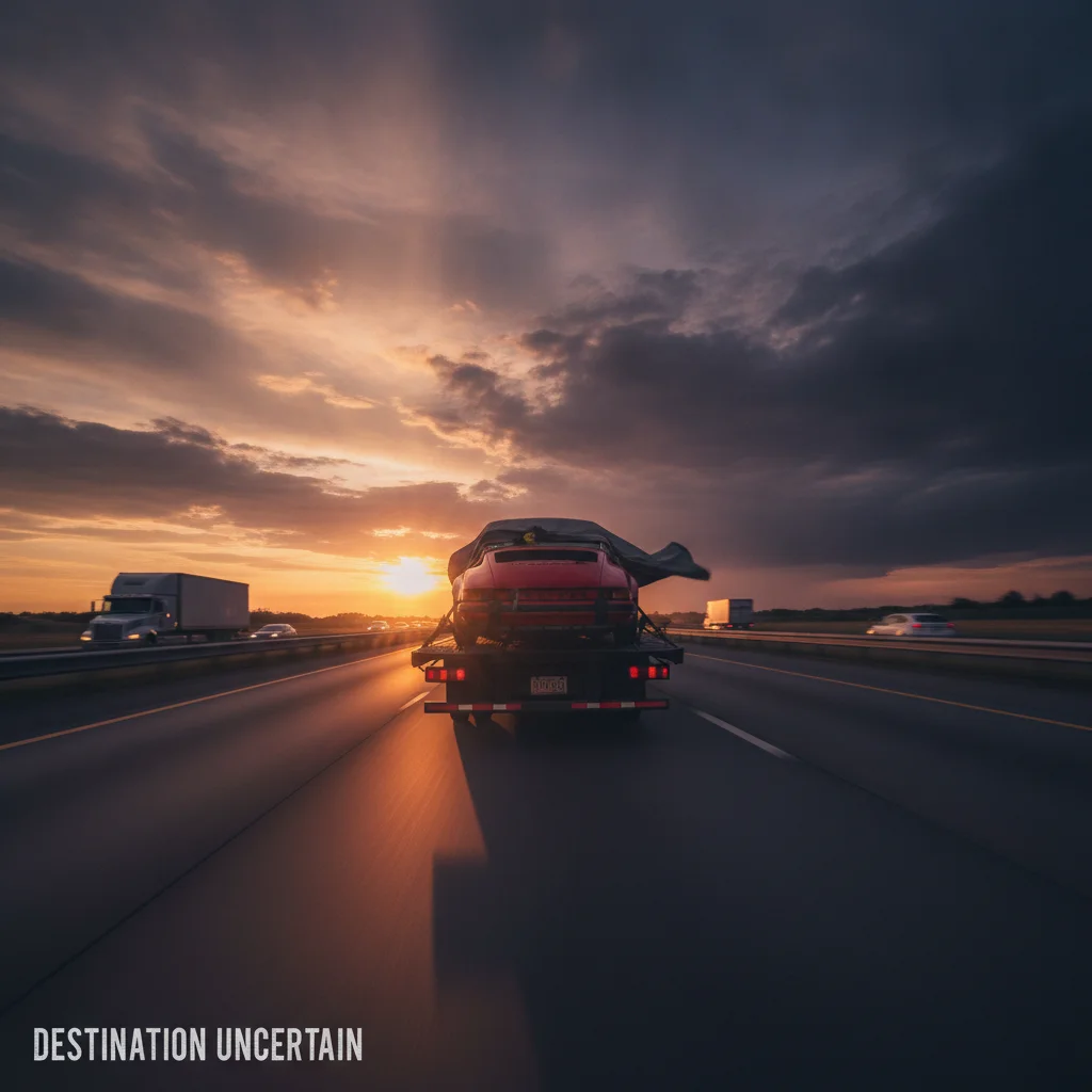 A car being transported on a flatbed truck on a highway at dusk