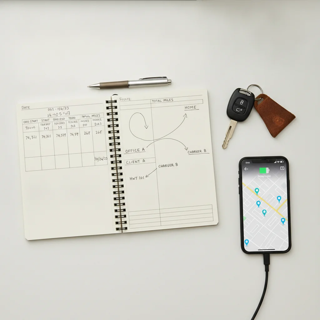 A notepad with mileage notes and car keys beside a phone showing an EV charging station map.