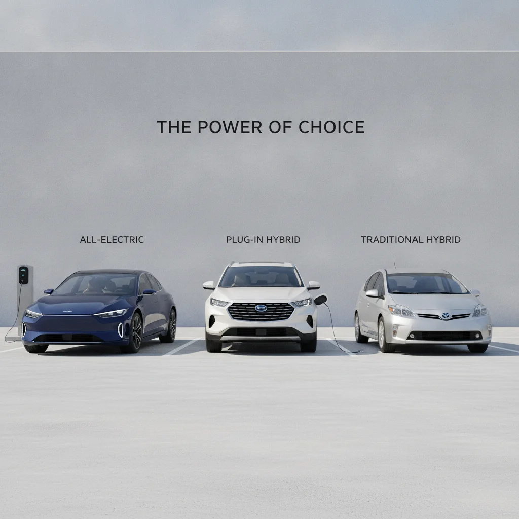 Three electrified vehicles parked side by side — a BEV sedan, PHEV SUV, and HEV hatchback — for comparison.
