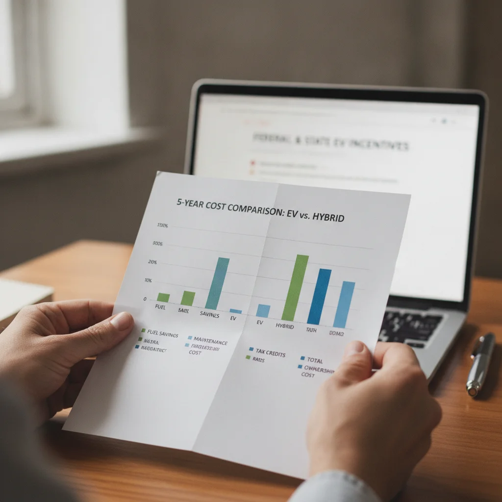 A person reviewing a five-year cost comparison chart for BEV, PHEV, and HEV vehicles.