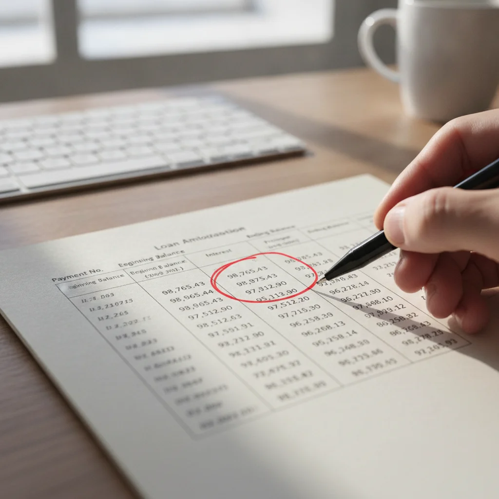 Loan amortization schedule on paper showing remaining balance and interest breakdown with pen markings