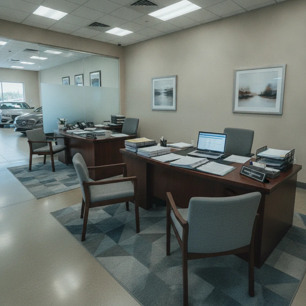 Interior of a car dealership finance office with a desk, documents, and two chairs facing each other