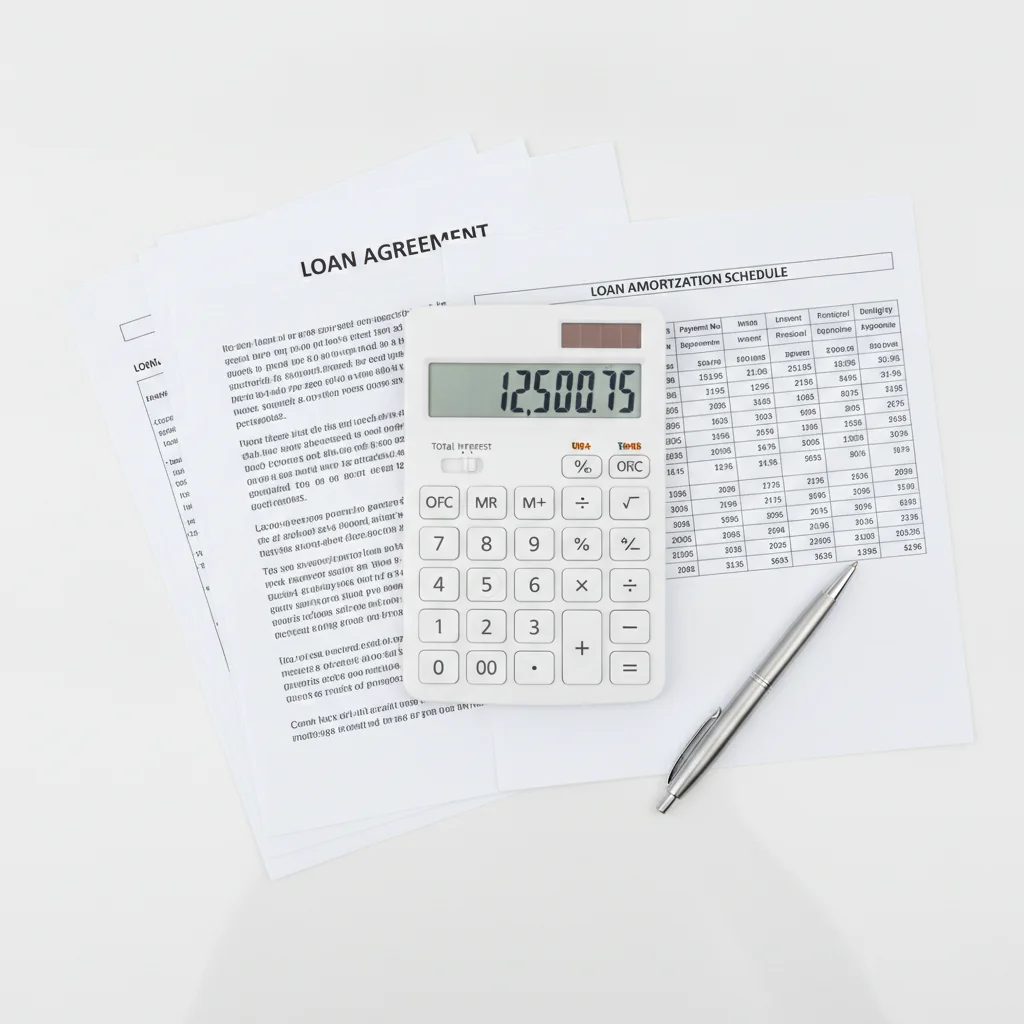 Flat lay of loan documents, calculator, amortization schedule, and pen on a clean desk