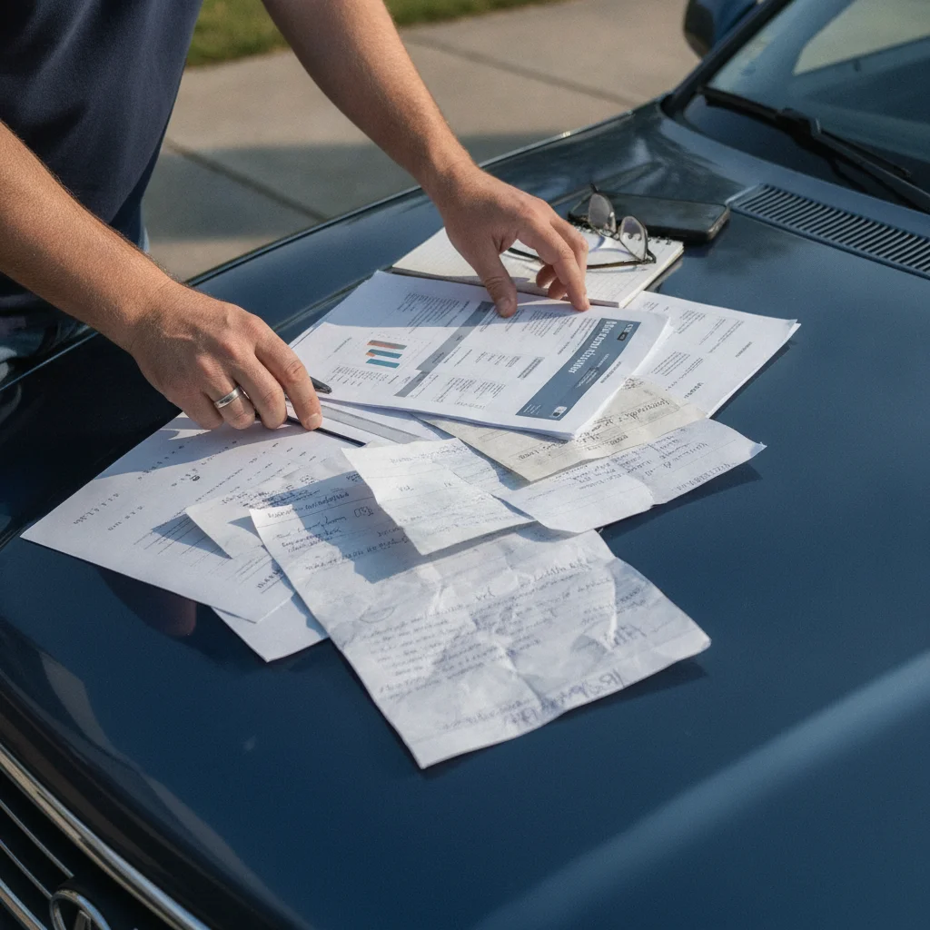 A buyer reviewing vehicle history reports and service records spread on a car hood