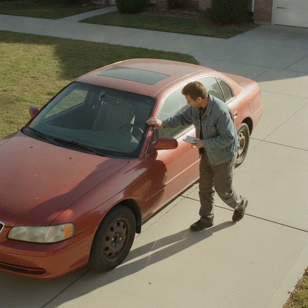 A person carefully walking around a used car examining body panels and door alignment