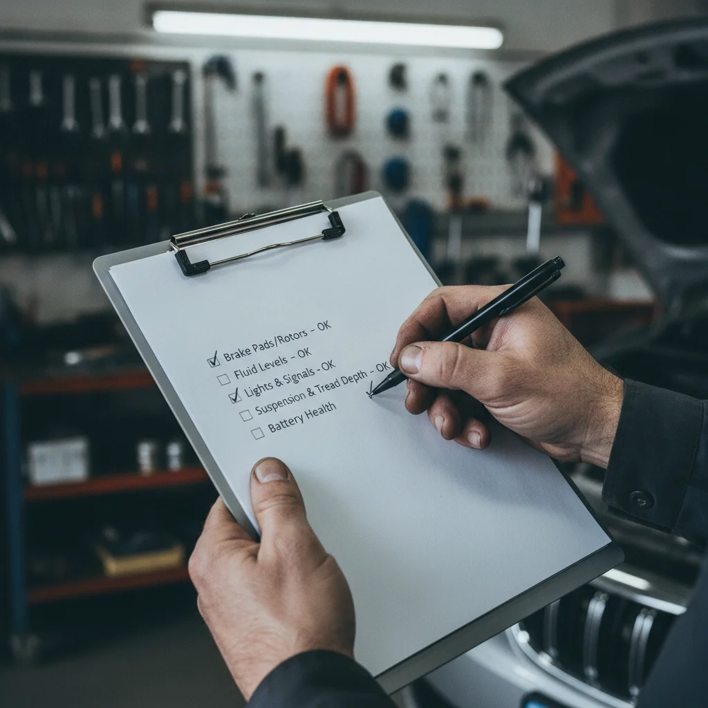 Mechanic holding a completed multi-point inspection checklist on a clipboard in an auto repair garage.