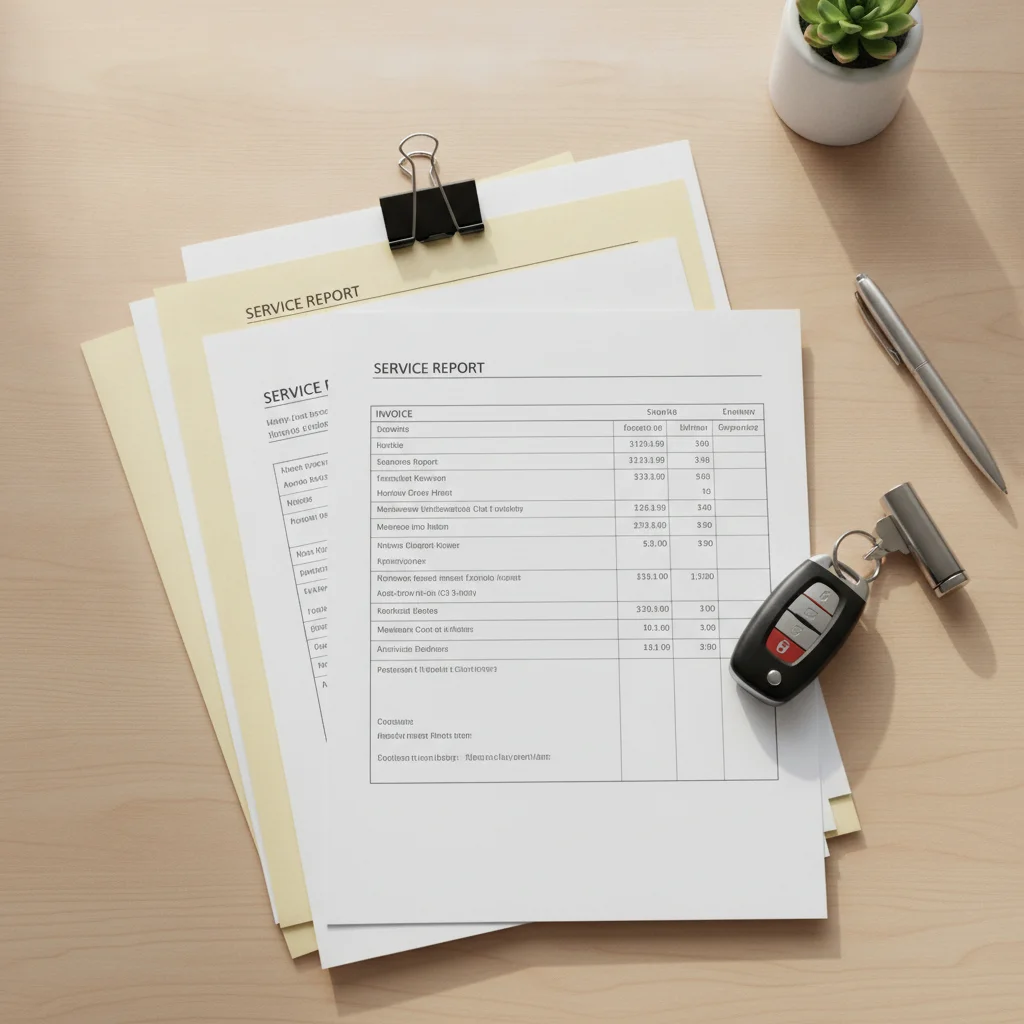 Stack of organized vehicle service records and invoices beside a car key fob on a wooden desk.