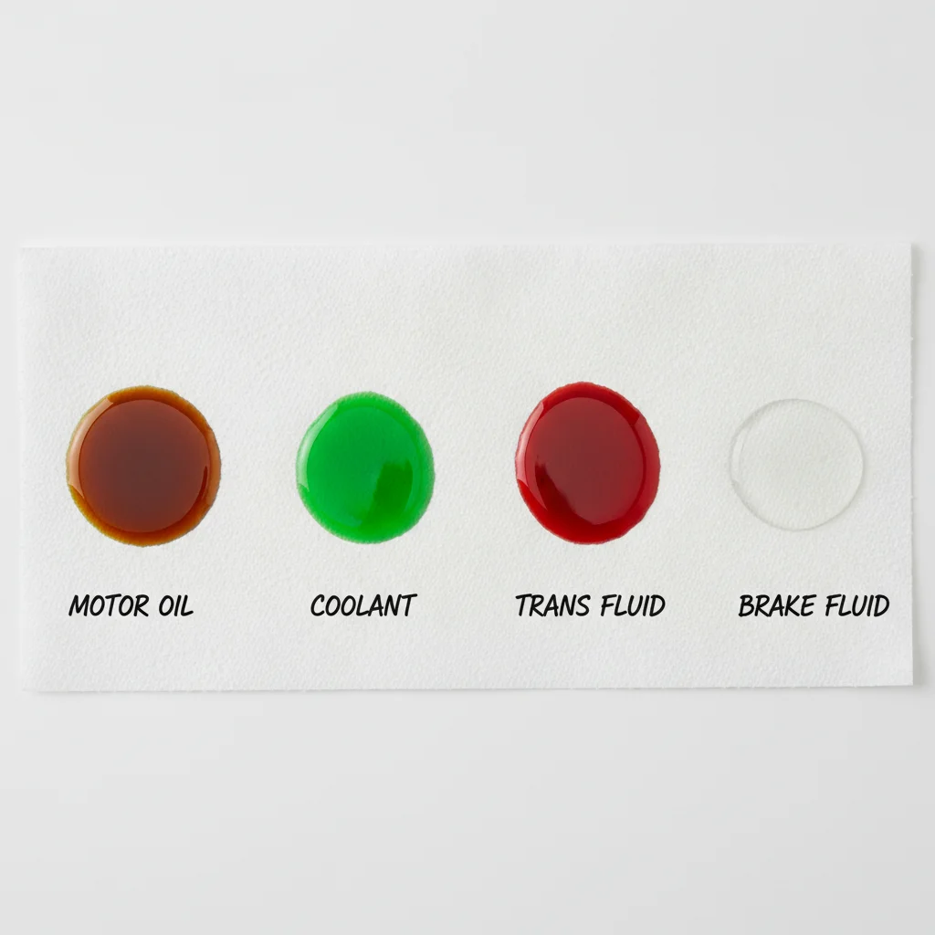 Fluid samples on white paper towels showing oil, coolant, transmission fluid, and brake fluid colors