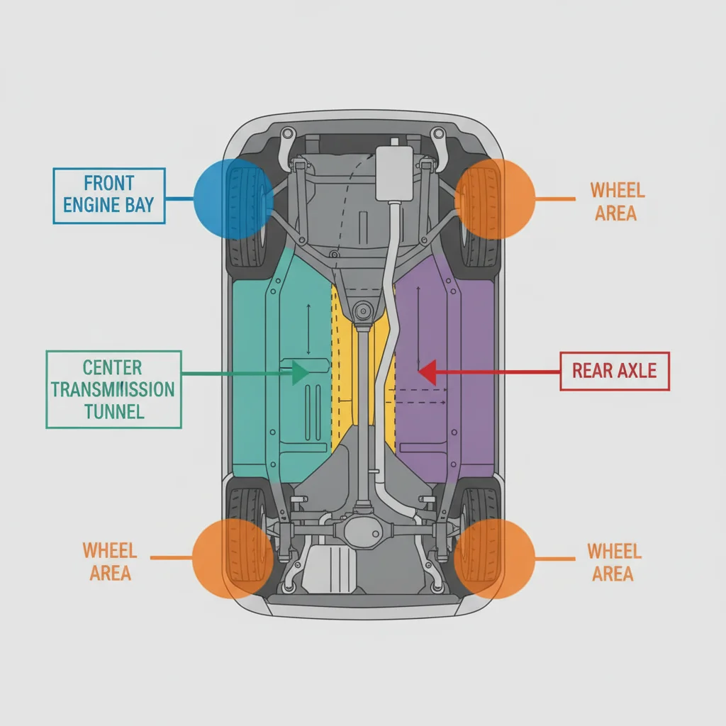 Underside diagram of a car with labeled zones indicating where different fluid leaks typically appear