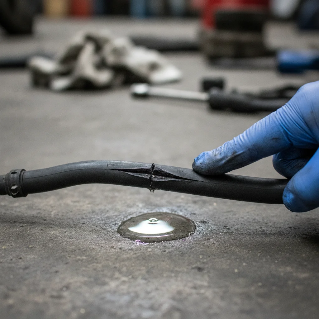 Cracked fuel line leaking gasoline onto a concrete floor with a gloved hand pointing at the damage