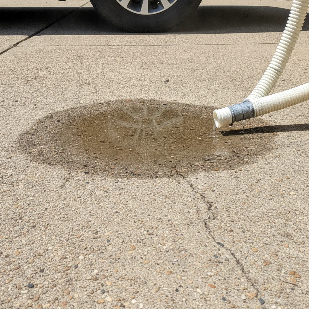 Clear water puddle under the passenger side of a car from normal air conditioning condensate drain
