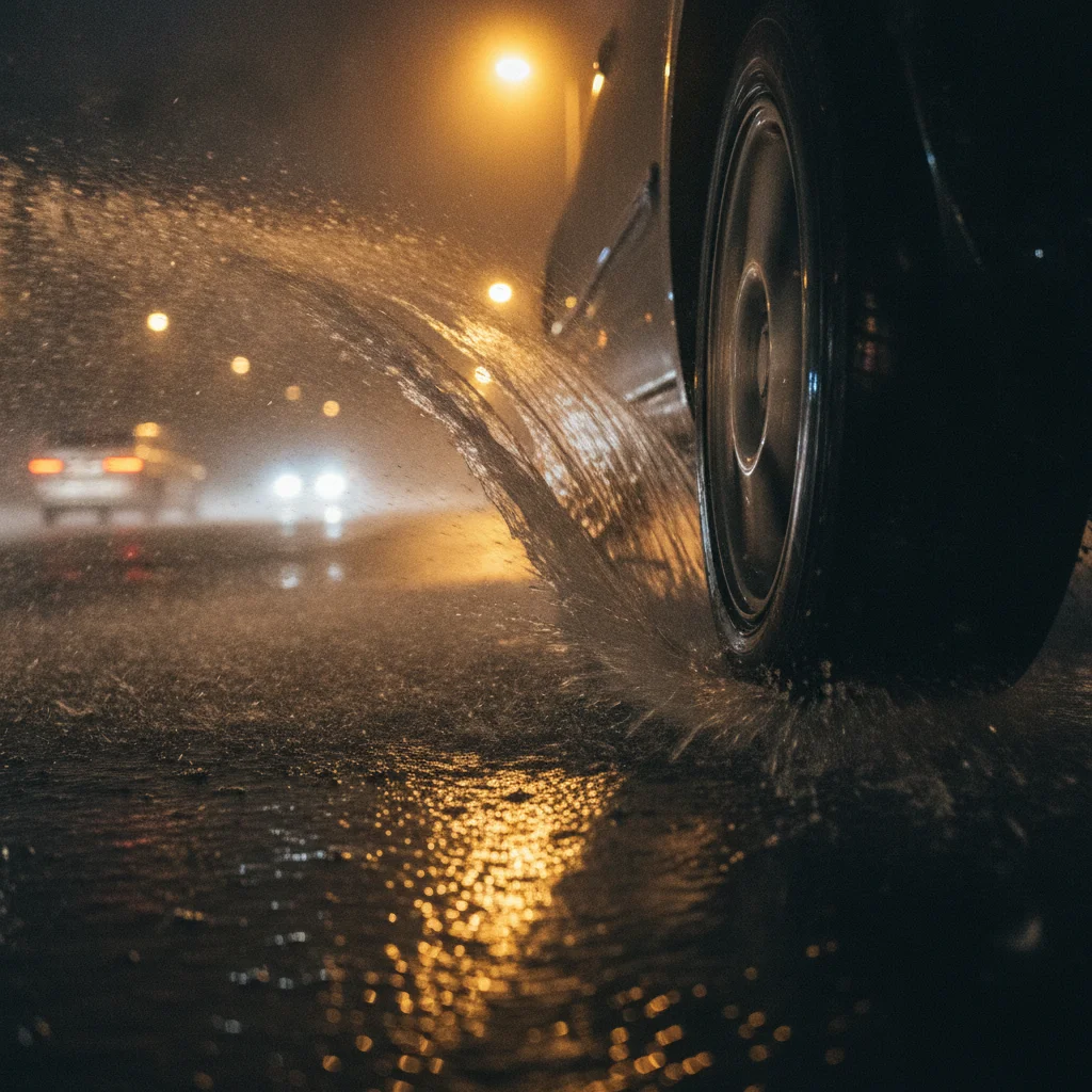 Car tire close-up on wet road at night with water spraying from the tread