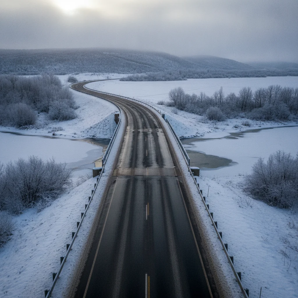 Aerial view of a winter road showing patches of dry pavement, wet asphalt, and thin ice near a bridge
