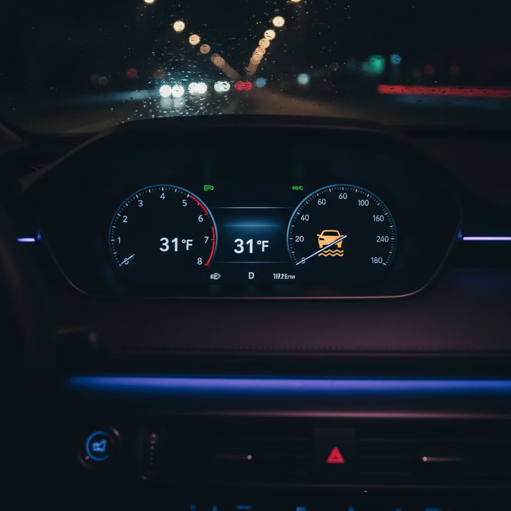 Car dashboard showing outside temperature at 31 degrees Fahrenheit and traction control warning light