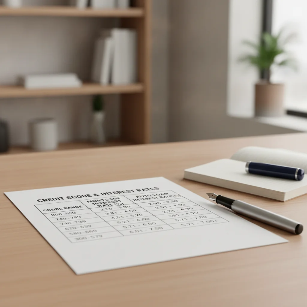 Printed table showing auto loan interest rates across different credit score tiers on a desk