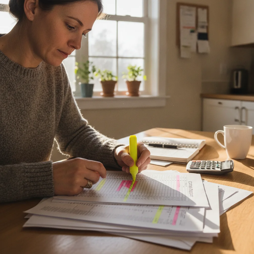 Person carefully reviewing and highlighting a printed credit report at a kitchen table