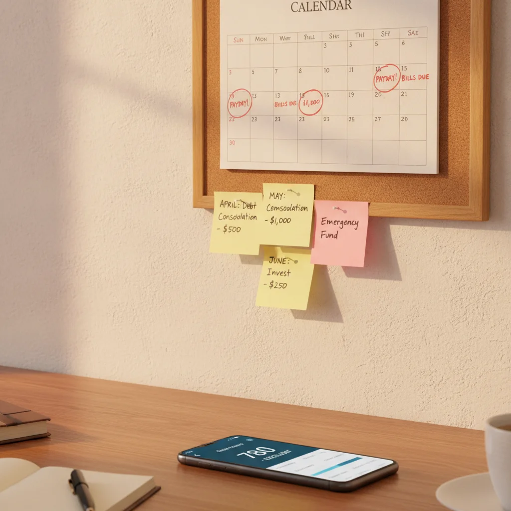 Wall calendar with circled dates and sticky notes next to a smartphone showing a credit score app