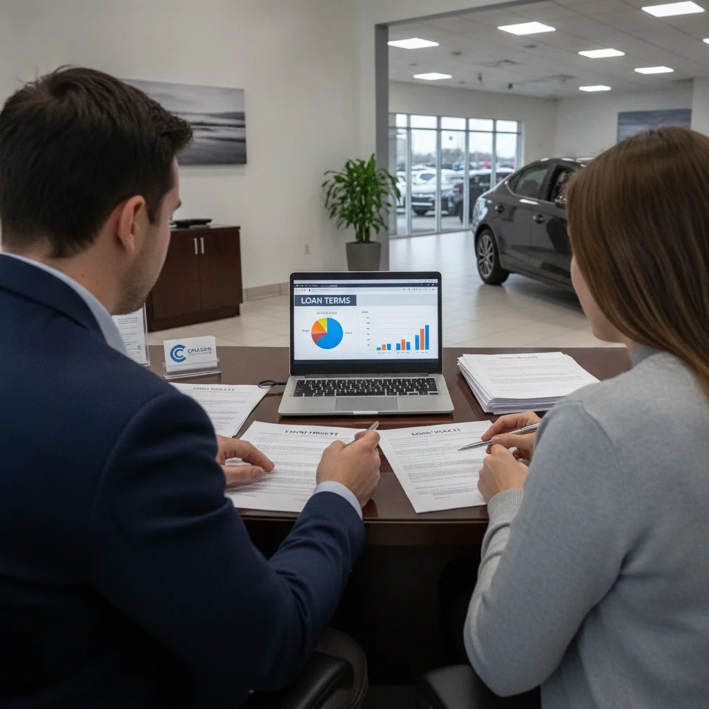 Two people reviewing auto loan paperwork at a dealership finance desk with a laptop open