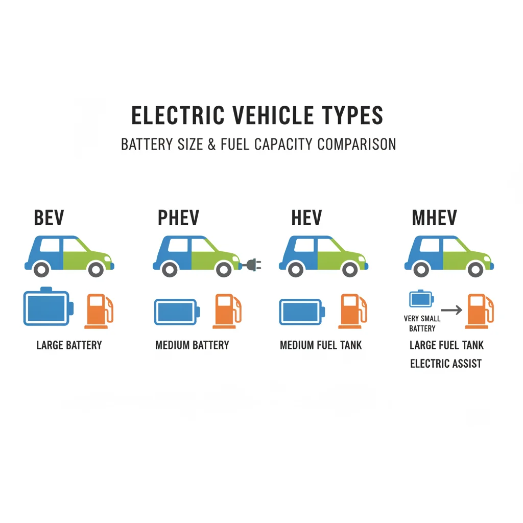 Infographic comparing battery size and fuel tank presence across BEV, PHEV, HEV, and MHEV vehicle types