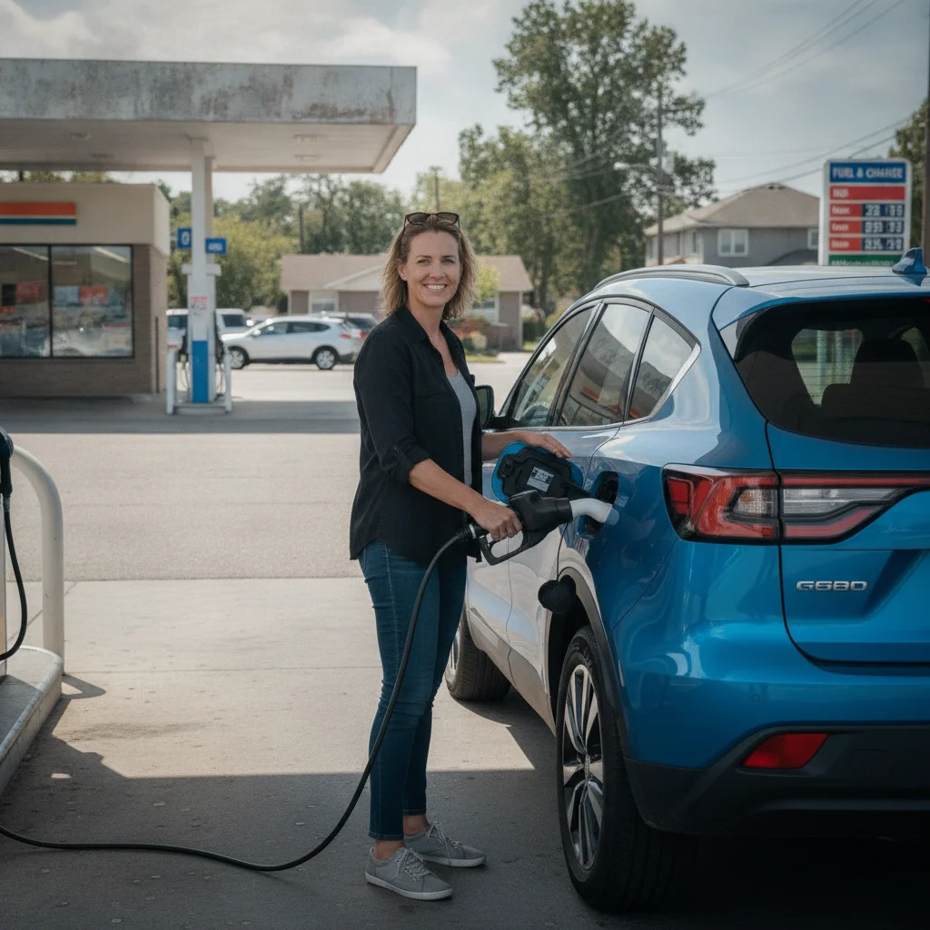 Driver refueling a plug-in hybrid vehicle at a gas station showing both charging port and fuel cap