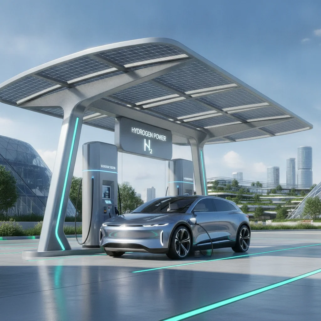 Hydrogen fuel cell vehicle refueling at a hydrogen station with infrastructure visible in background