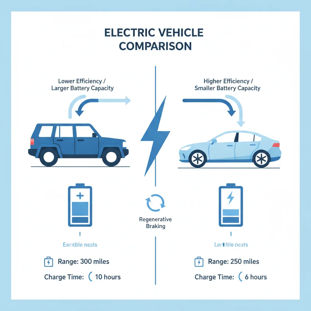 Comparison illustration of a large SUV and a compact sedan showing battery size versus efficiency tradeoffs
