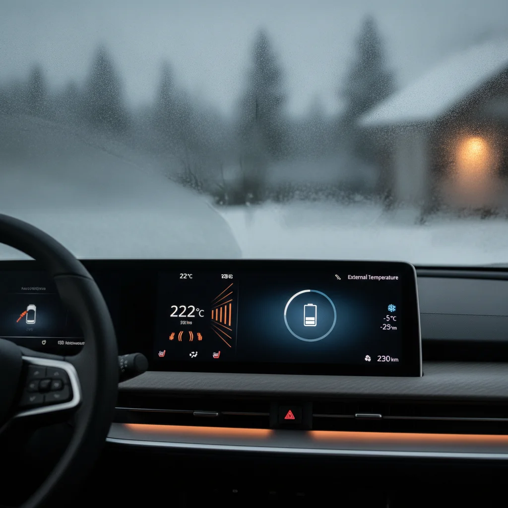 EV dashboard showing climate control settings and range display in cold weather conditions