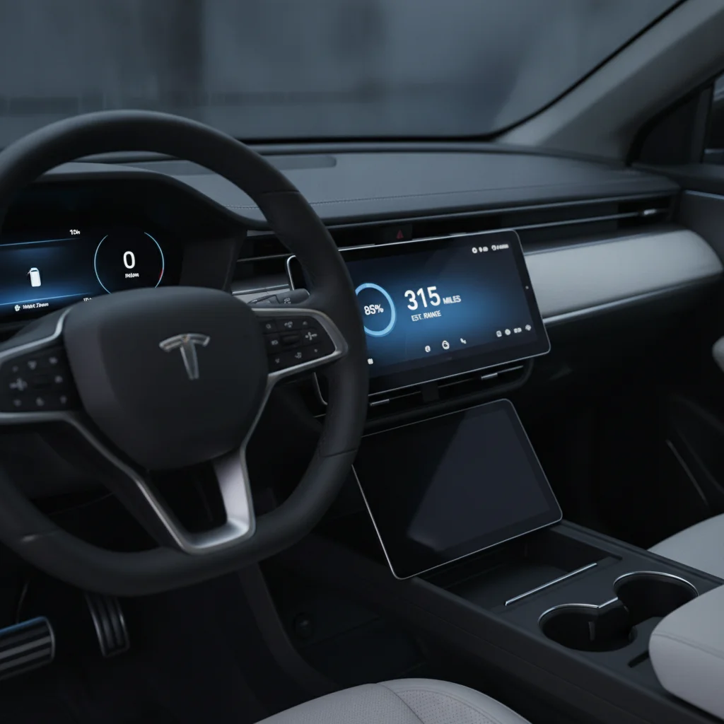 EV dashboard showing battery charge level and estimated remaining range in miles