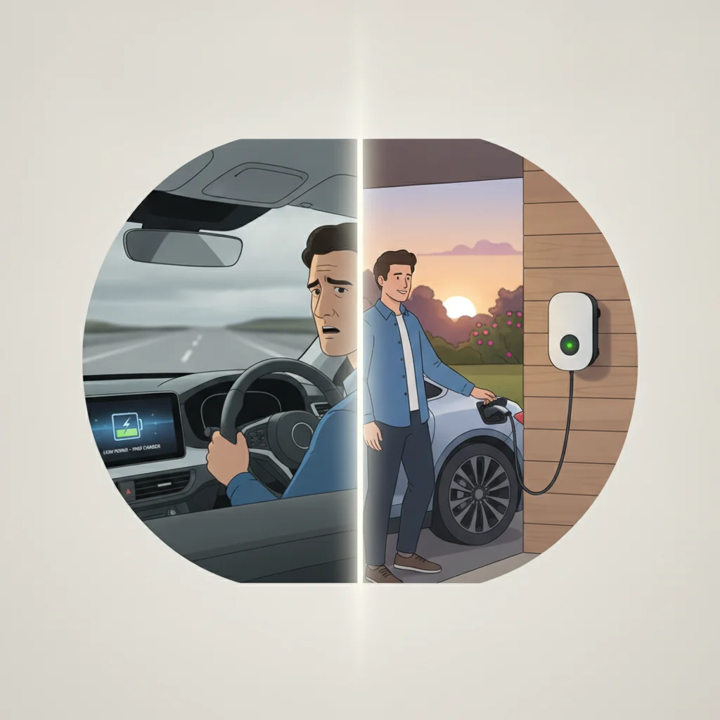 Split image contrasting worried EV driver with low battery versus relaxed driver charging at home