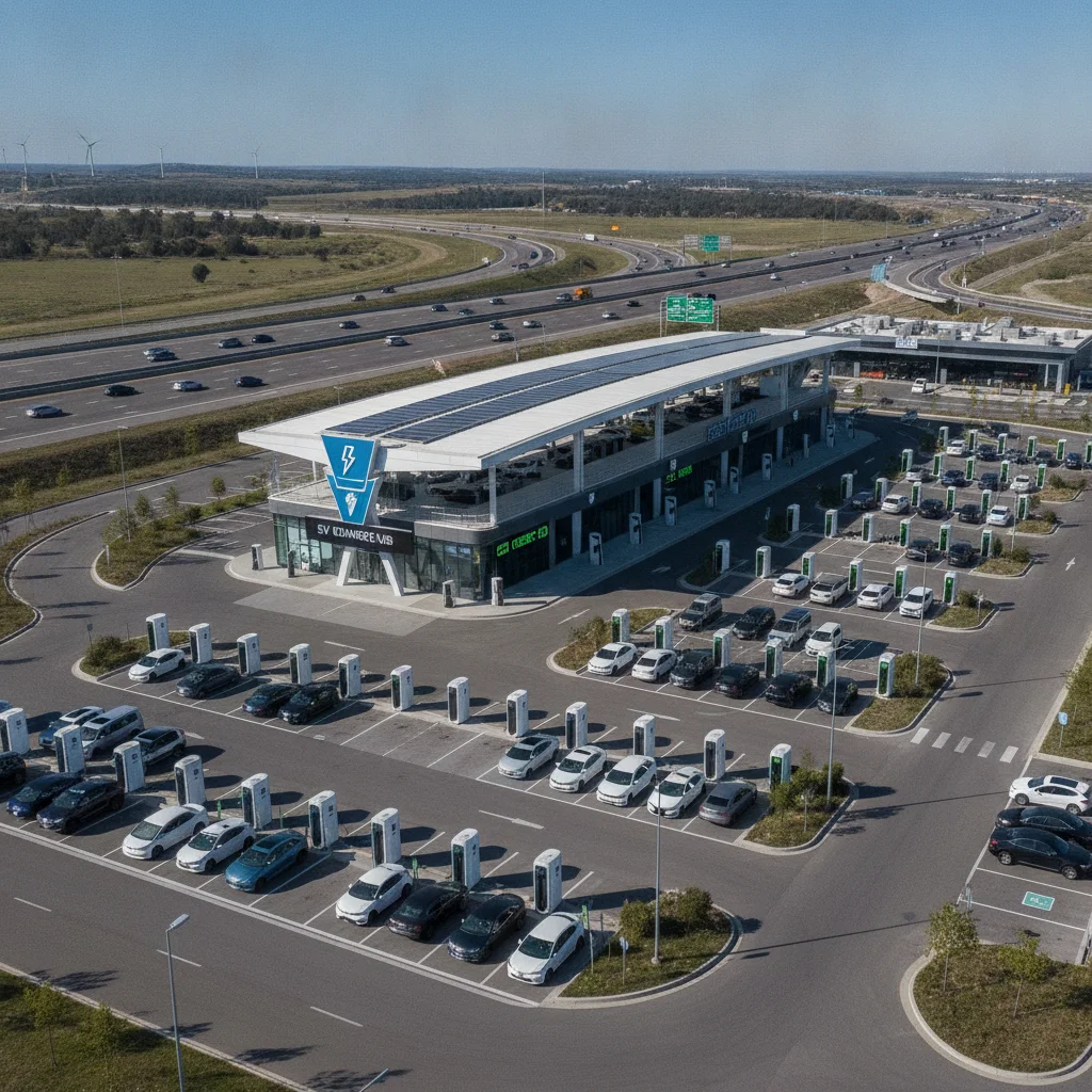 Modern DC fast charging station along a U.S. highway with multiple EV chargers in use