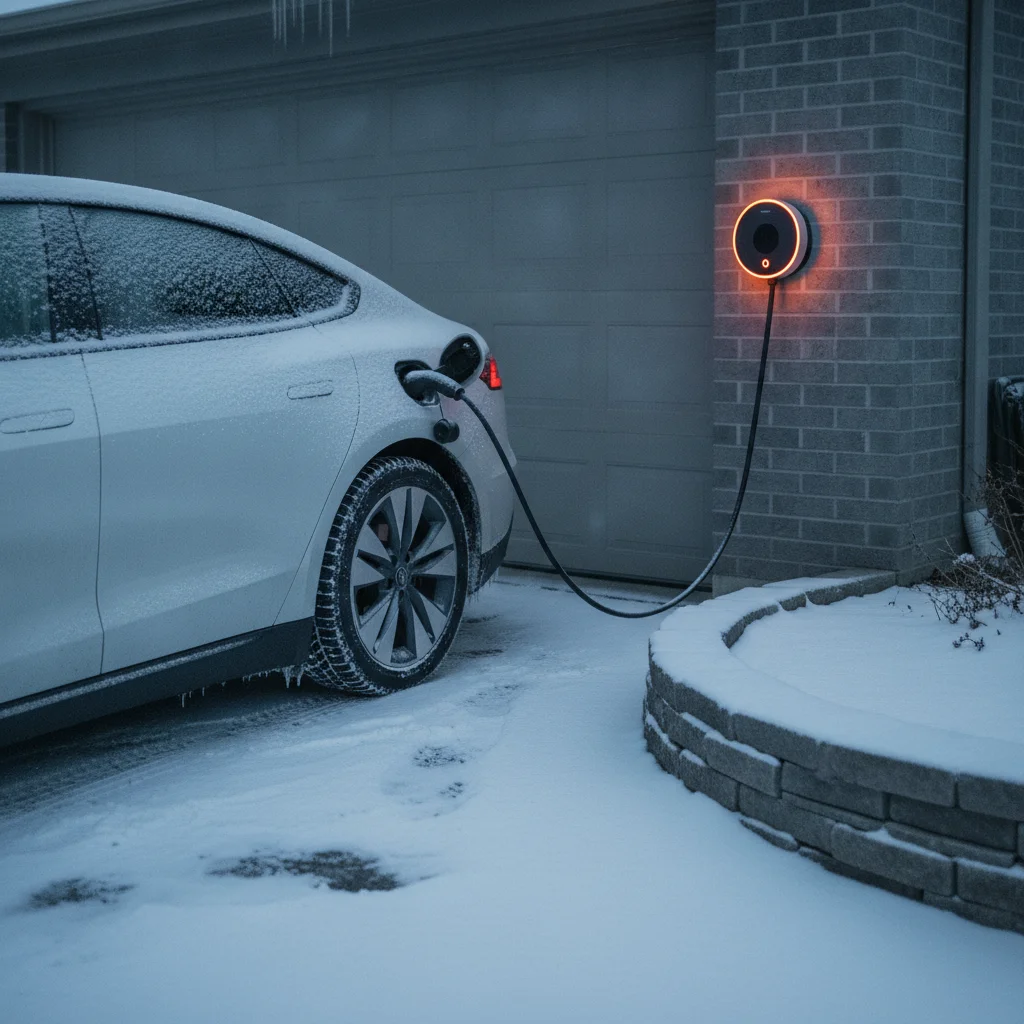 Electric vehicle plugged into a home Level 2 charger during winter with snow on the ground