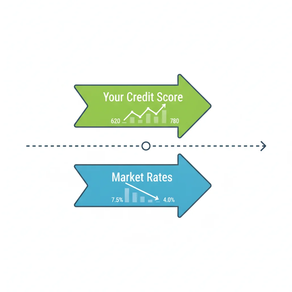 Two diverging arrows illustrating falling market rates versus a rising personal credit score over time